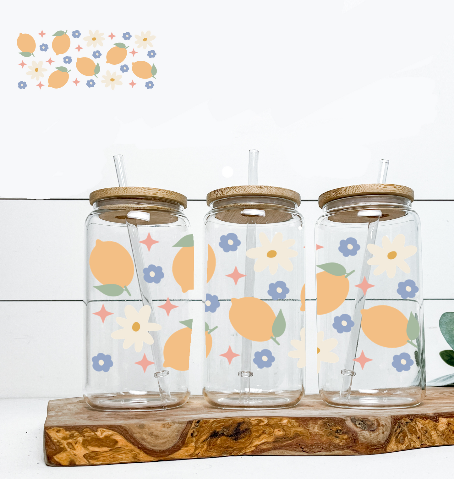 Lemon Blue Flowers UV DTF Wrap DOUBLE SIDED