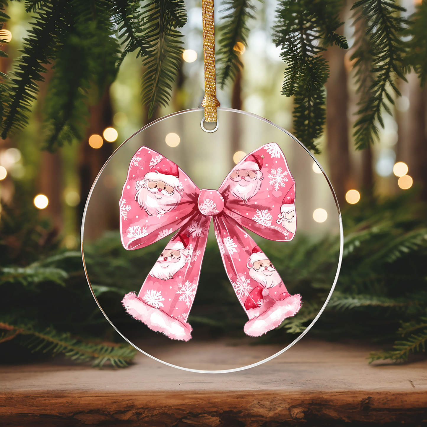 Santa Pink Bow Ornament Size UV DTF DOUBLE SIDED