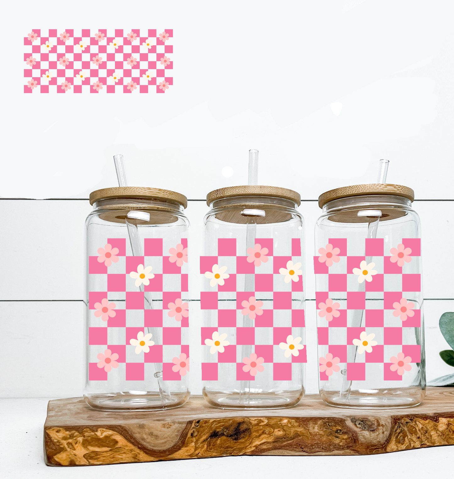 Pink Checkered & Daisies UV DTF Wrap DOUBLE SIDED