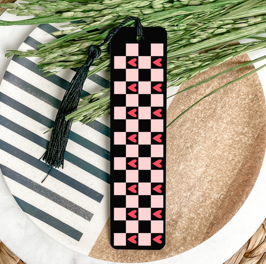 Pink Checkered Hearts UV DTF Bookmark DOUBLE SIDED