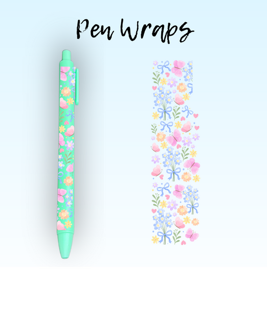 Blue Bouquet & Butterflies Pen Wrap For Ballpoint Pen UV DTF