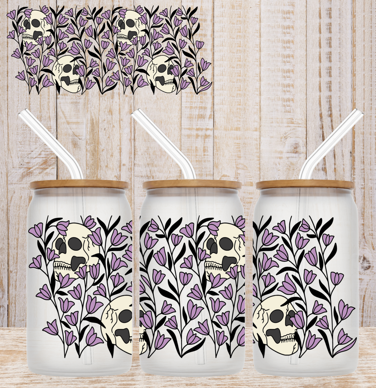 Skulls In Purple Flowers 16oz UV DTF