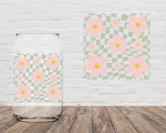 Green Checkered Pink Flowers 4" UV DTF