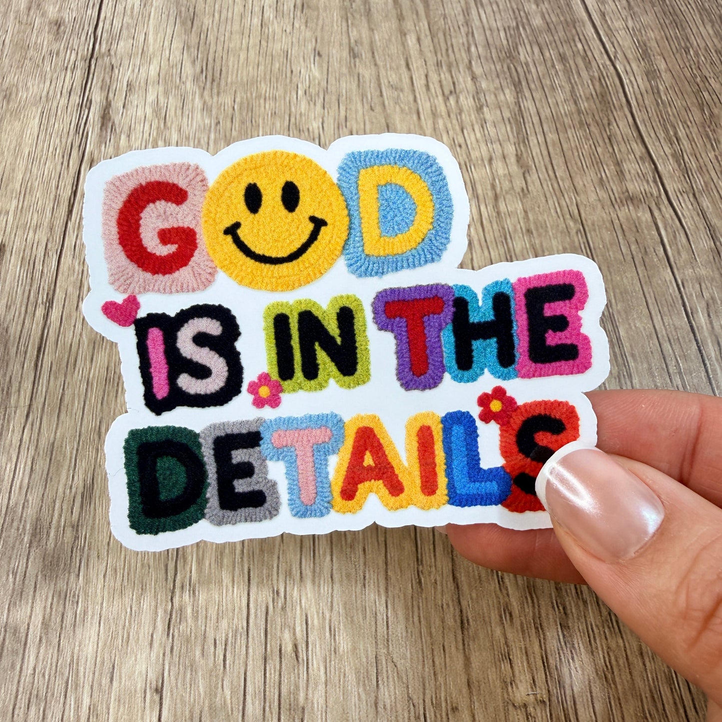God is in the Details White Vinyl Sticker 3"