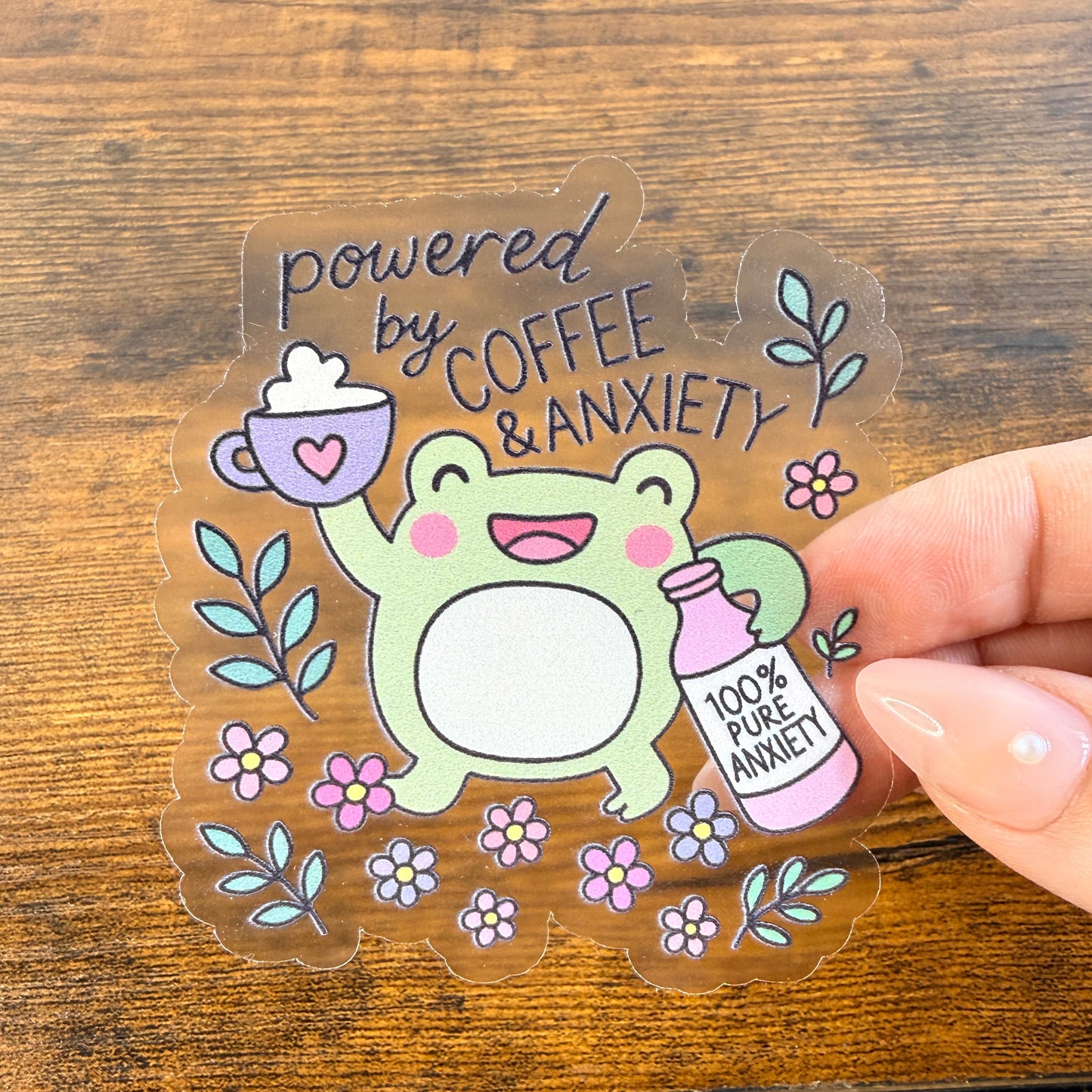 Powered by Coffee & Anxiety Clear Vinyl 3” Double Sided