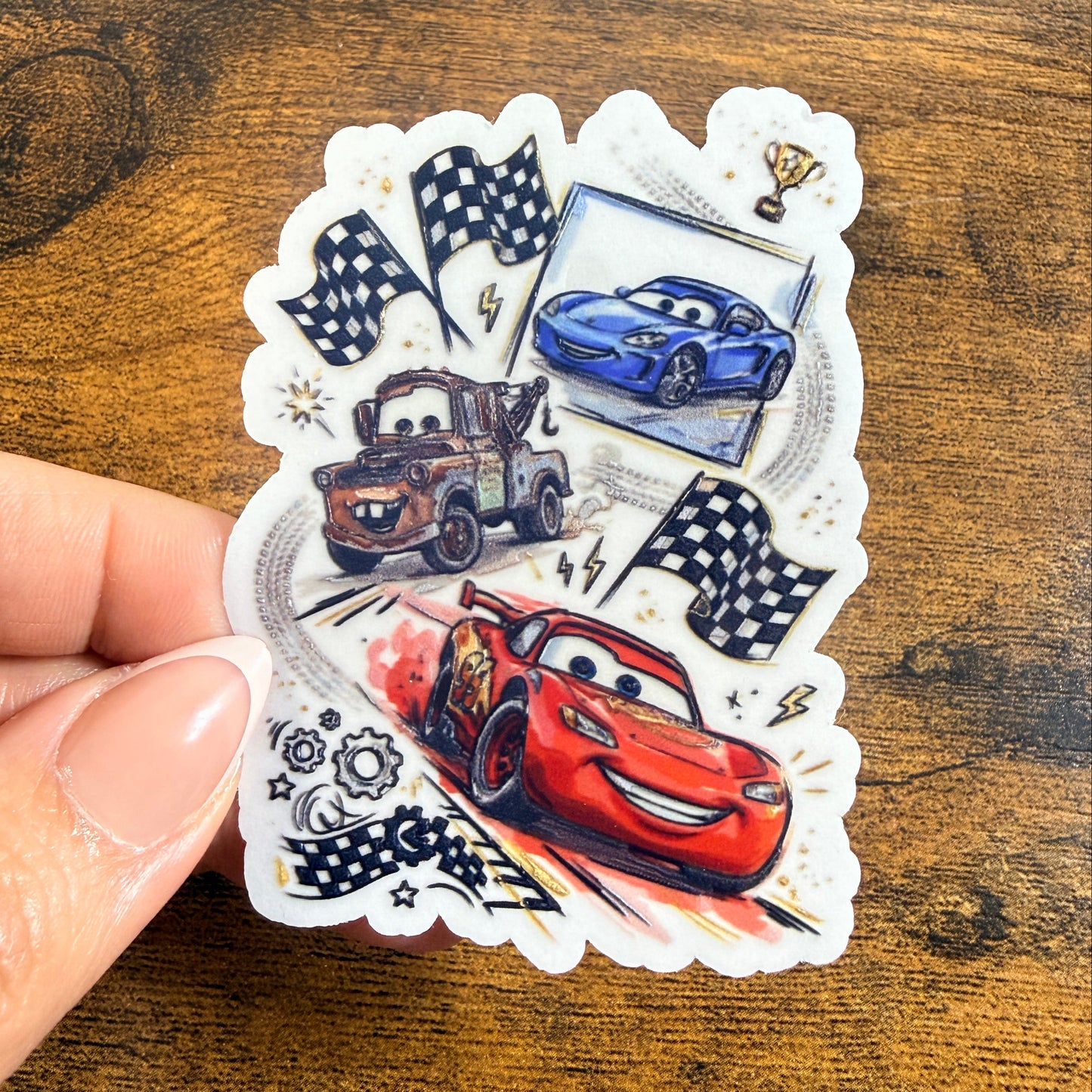 Checkered Cars Clear Vinyl Sticker 3” Double Sided