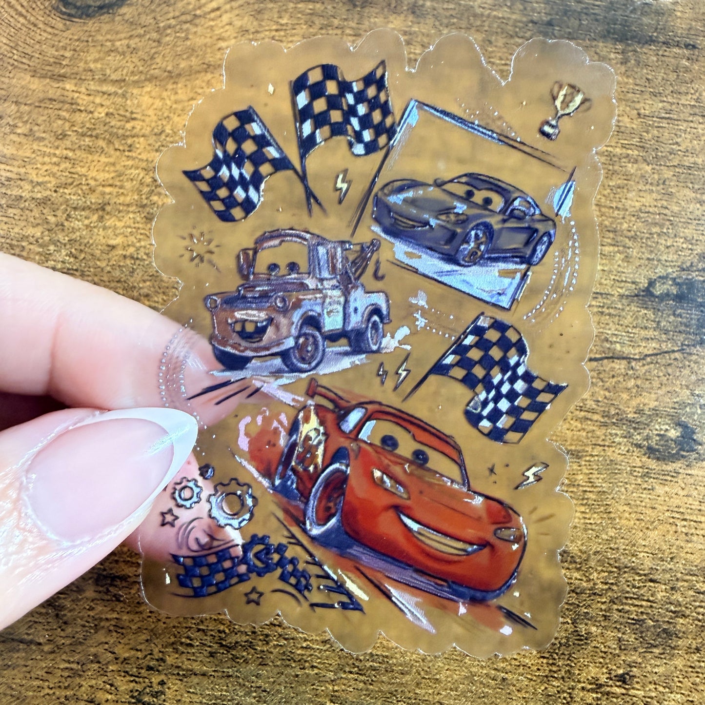 Checkered Cars Clear Vinyl Sticker 3” Double Sided
