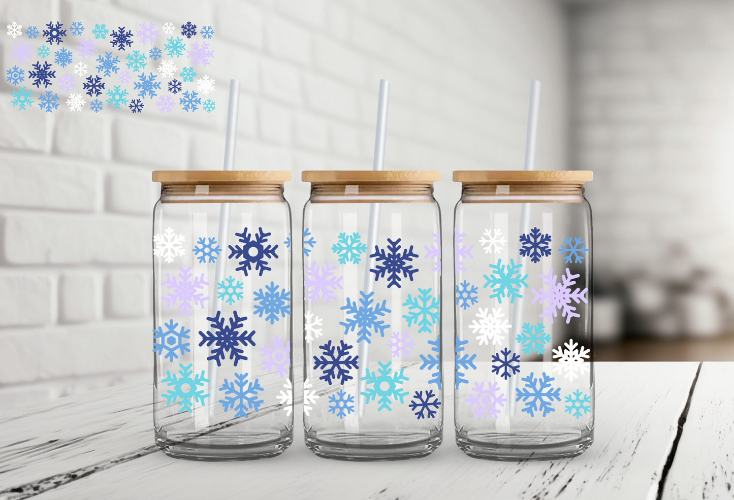 Blue & White Snowflakes 16oz UV DTF