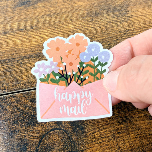 Happy Mail Floral White Vinyl Sticker 2"