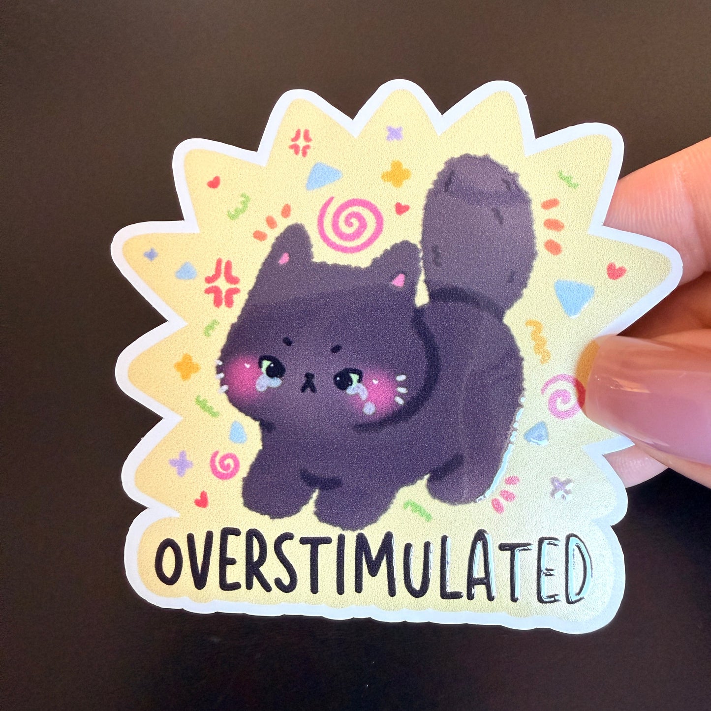 Overtsimulated Cat White Vinyl Sticker