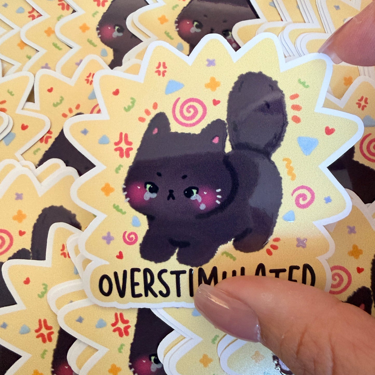 Overtsimulated Cat White Vinyl Sticker
