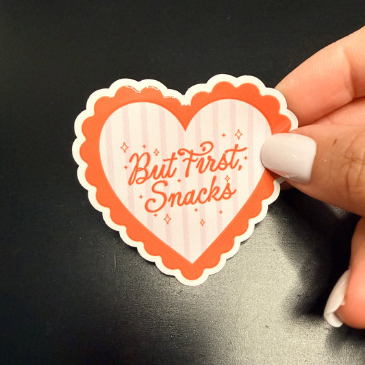 But First Snacks Heart White Vinyl Sticker 2.5"