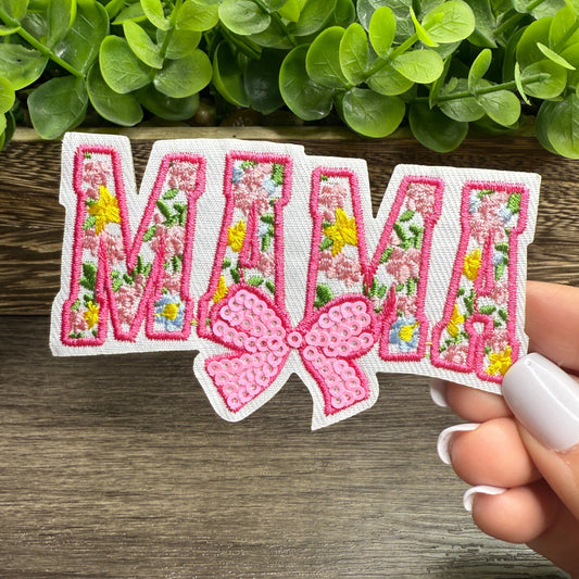 Mama Pink Bow Embroidered Hat Patches