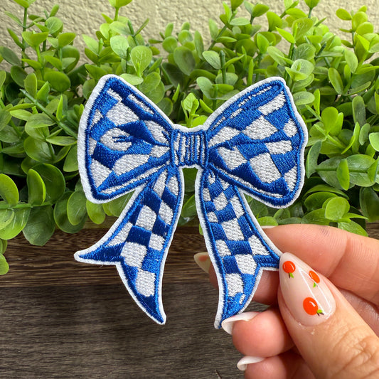 Blue and White Checkered Bow Embroidered Hat Patches