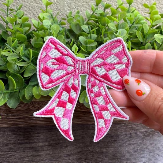 Pink and White Checkered Bow Embroidered Hat Patches