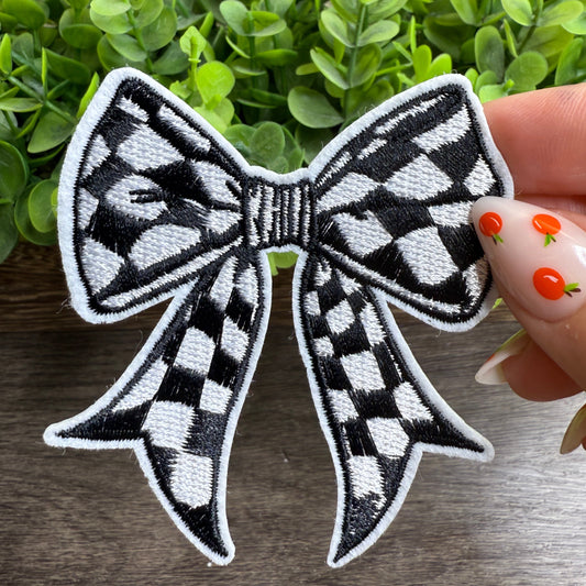 Black and White Checkered Bow Embroidered Hat Patches