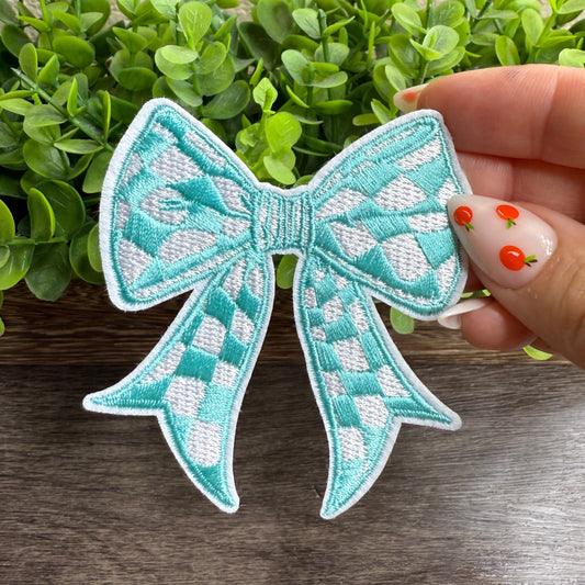 Teal and White Checkered Bow Embroidered Hat Patches