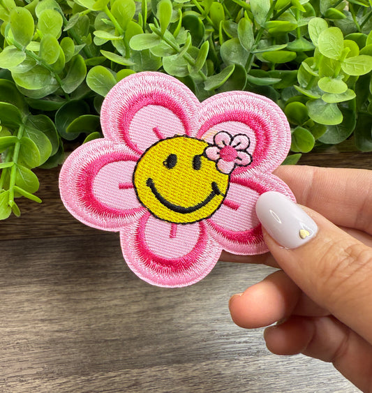 Happy Pink Flower Embroidered Hat Patches