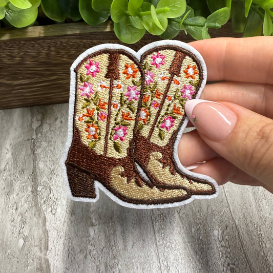 Brown Floral Boots Embroidered Small Patches