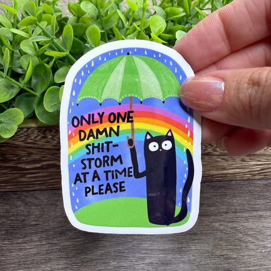 Only One Damn Shitstorm at a Time White Vinyl Sticker 3"