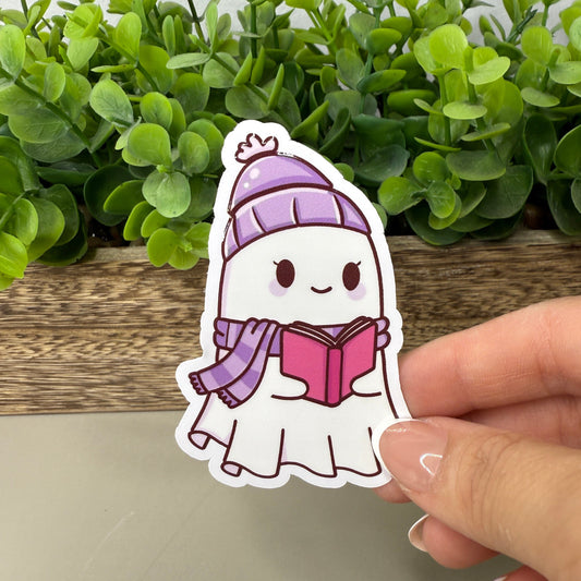 Winter Ghost with Book White Vinyl Sticker 3"