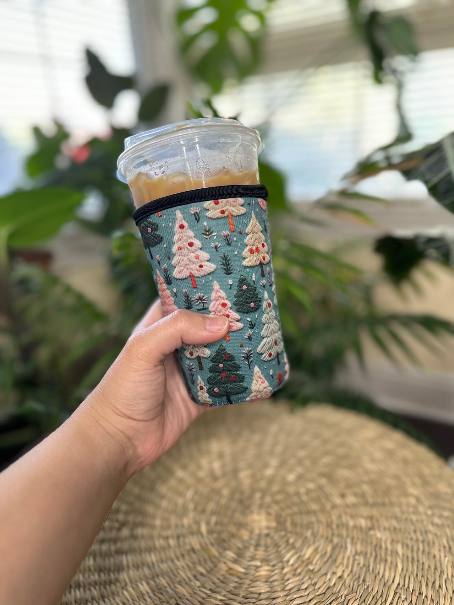 Teal Knitted Christmas Trees Cozie